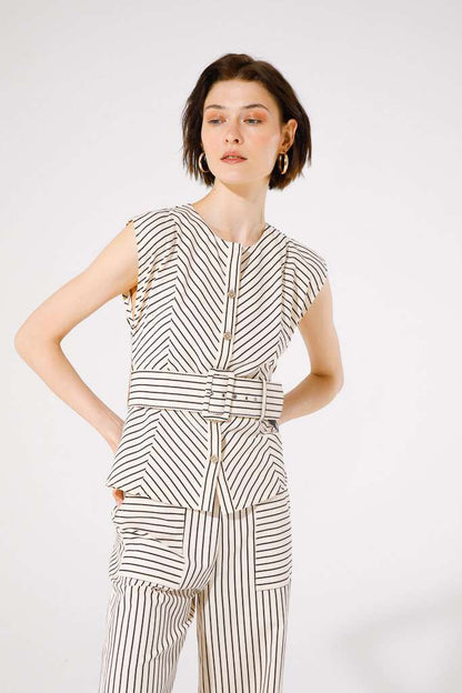 Jambo Belted Top (Beige/Black Stripe)