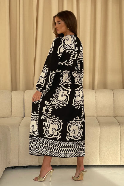 Juno Border Print Long Sleeve Maxi Dress (Black)