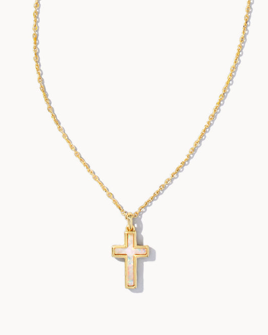 Kendra Scott CROSS PENDANT NECKLACE in GOLD WHITE OPAL