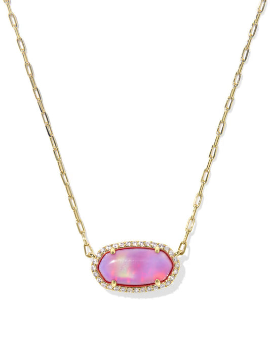 Kendra Scott ELISA PAVE FRAME SHORT PENDANT NECKLACE in Pink Opalescent Resin