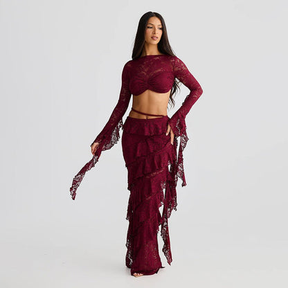 Lace Flare Sleeve Crop Top Ruffled High Low Maxi Skirt 2pcs Set