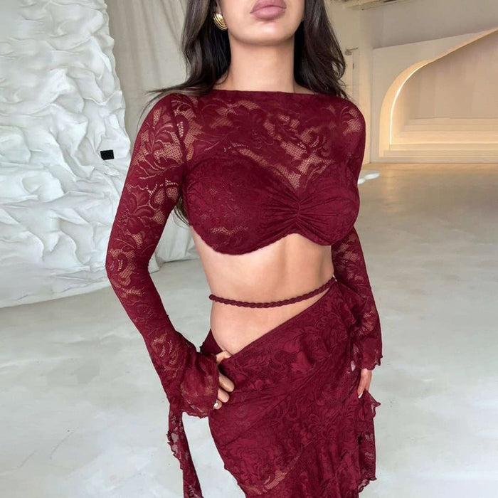 Lace Flare Sleeve Crop Top Ruffled High Low Maxi Skirt 2pcs Set