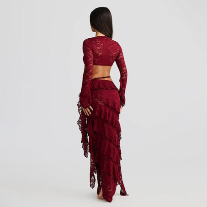 Lace Flare Sleeve Crop Top Ruffled High Low Maxi Skirt 2pcs Set