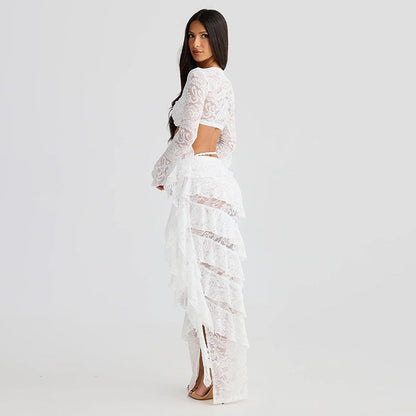 Lace Flare Sleeve Crop Top Ruffled High Low Maxi Skirt 2pcs Set