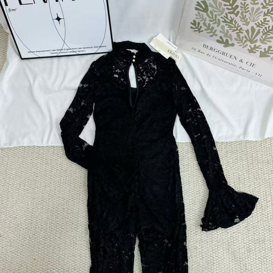 Lace Jumpsuit With Slit Flared Sleeves