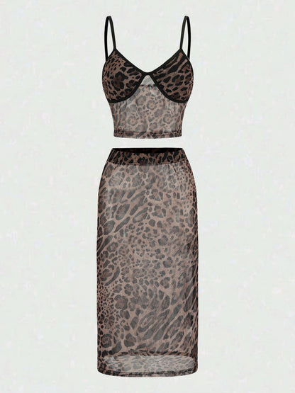 Leopard Print Patchwork Tube Top Sequin Midi Skirt 2pcs Set-Brown Pre Order