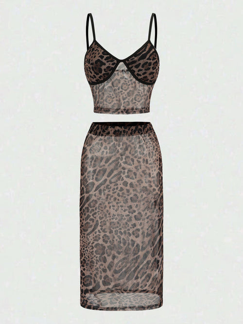 Leopard Print Patchwork Tube Top Sequin Midi Skirt 2pcs Set-Brown Pre Order