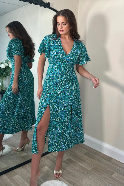 LEVI ANGEL SLEEVE SPLIT LEG MIDI DRESS (GREEN)