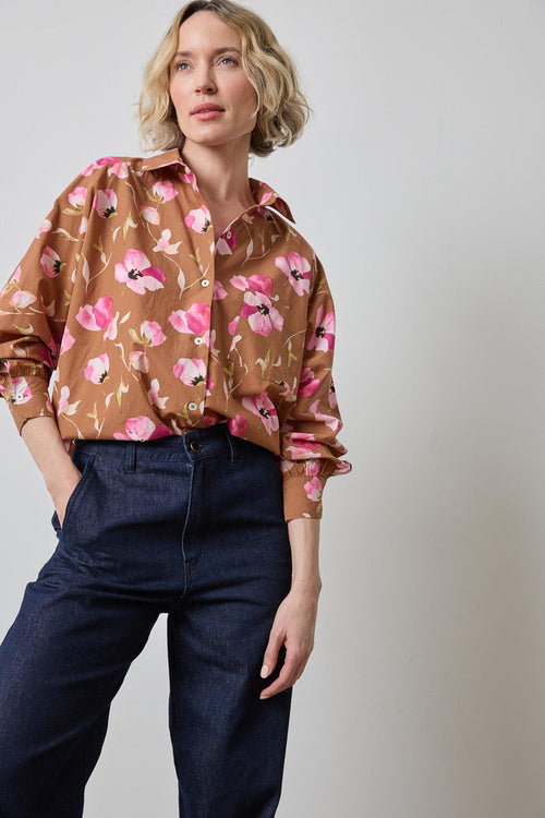 Lilla P Dolman Sleeve Button Down Shirt in Pink Poppy Print