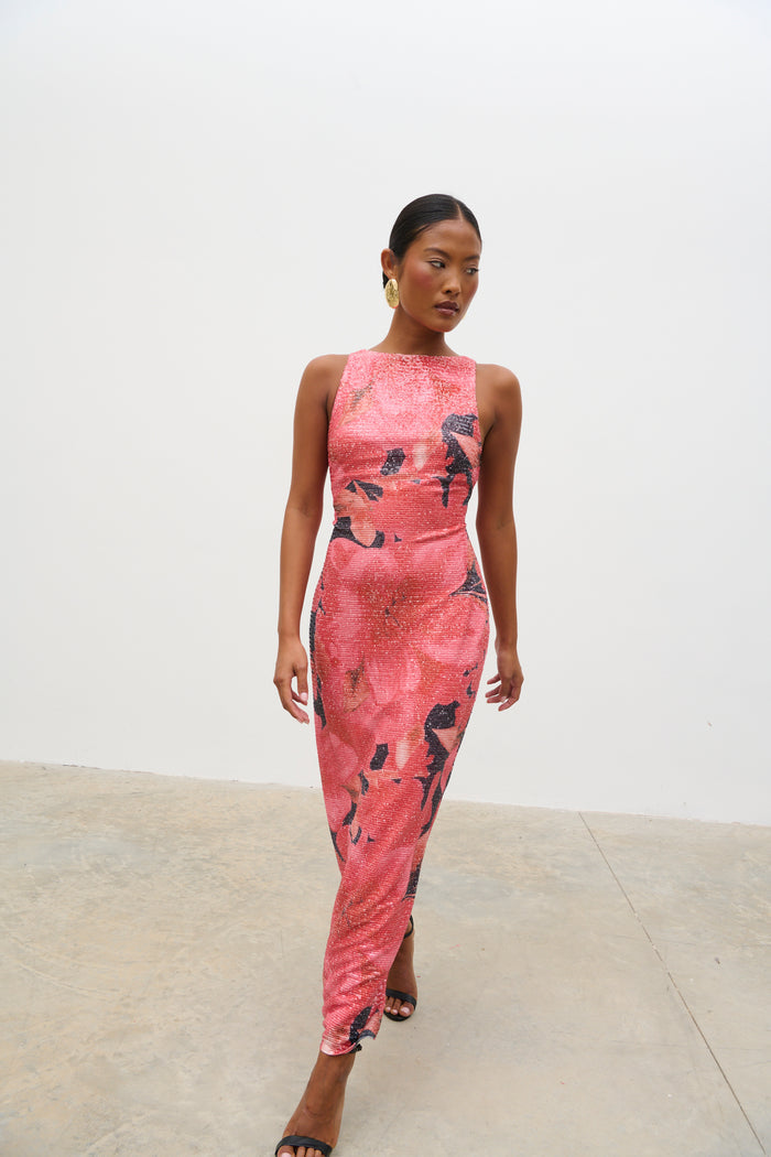 Lilou Printed Sequin Midaxi Dress (Red Multi Floral)