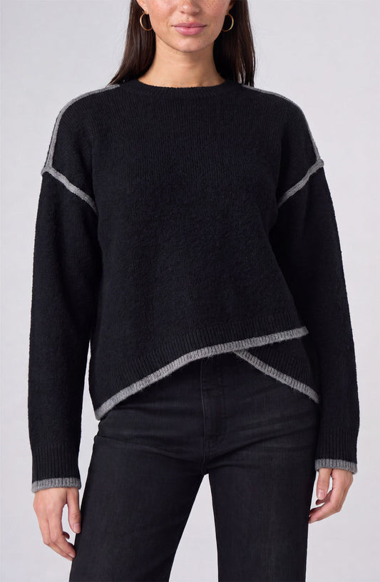 Liverpool Los Angeles Long Sleeve Crewneck Sweater with Cream Tulip Hem in Black