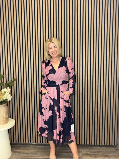 Long Sleeve Printed Mesh Midi Dress (Pink Floral)