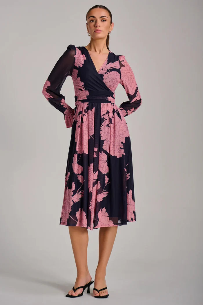 Long Sleeve Printed Mesh Midi Dress (Pink Floral)