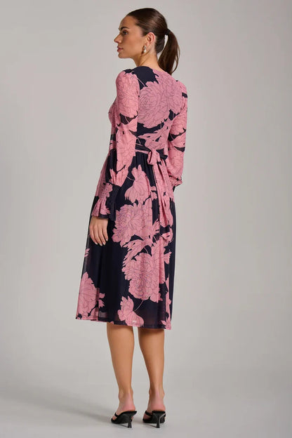 Long Sleeve Printed Mesh Midi Dress (Pink Floral)