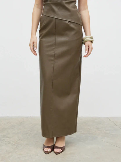 Maeve Faux Leather Maxi Skirt (Khaki)