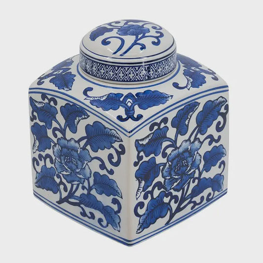 Ming-Inspired Square Ceramic Canister, Blue Floral