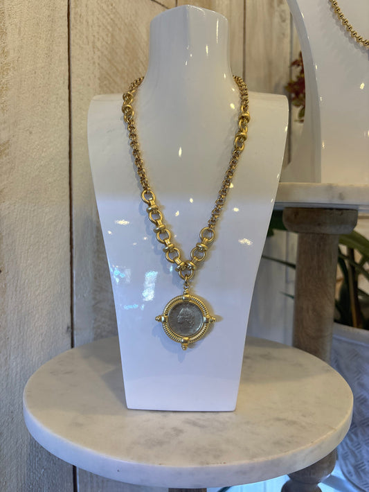 Mosaic Coin Necklace- Mix Gold