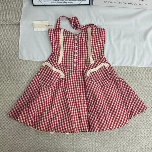 Neck-wrap color-block checked dress