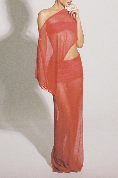 Off Shoulder Irregular Top Fitted See Through Maxi Skirt Set-Red Pre Order