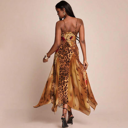 Off Shoulder Rosette Leopard Print Irregular Hem Maxi Dresses-Red Pre Order