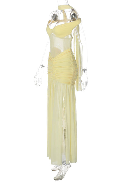 Off Shoulder See-Through Mesh Ruched Split Maxi Dresses-Black