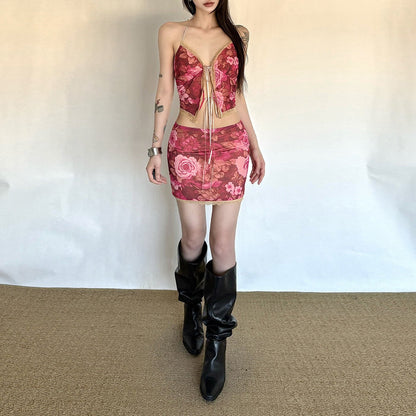 One Shoulder Cutout Top Floral Print Mini Skirt 2pcs Set Pink