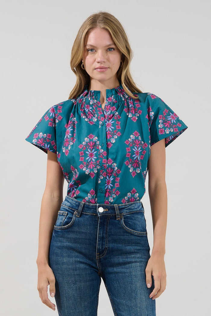 Patma Mock Neck Top in Teal