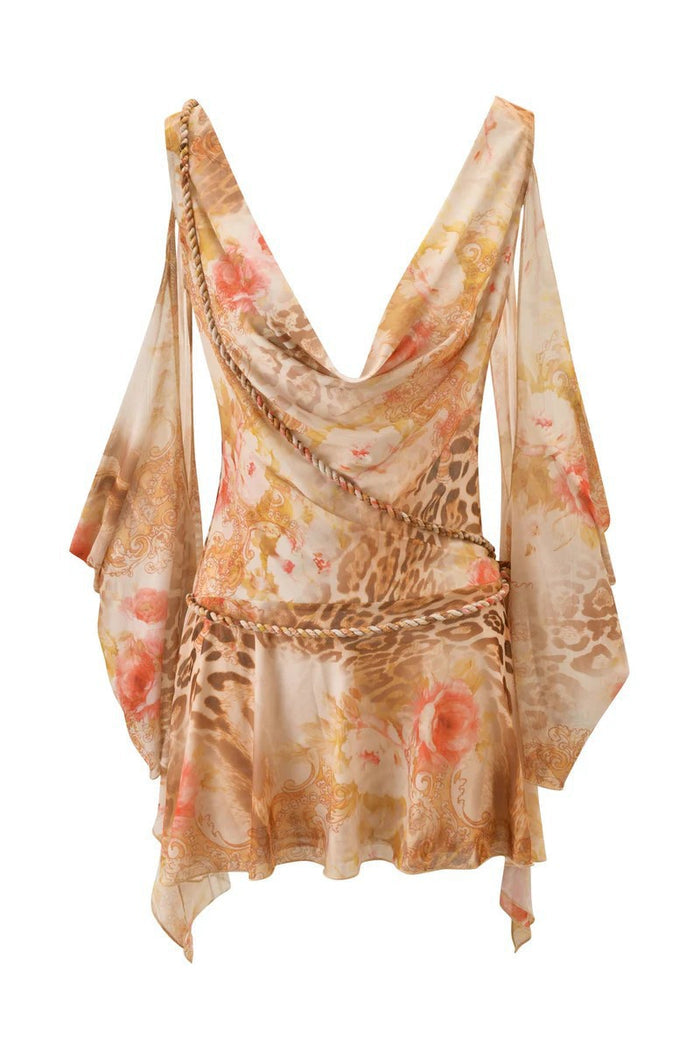 Pattern Print Cutout Ruffled Irregular Mini Dresses Orange