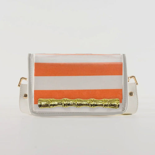 Petite Orange Stripe Clear Stadium Bag with Gold Bamboo Stick