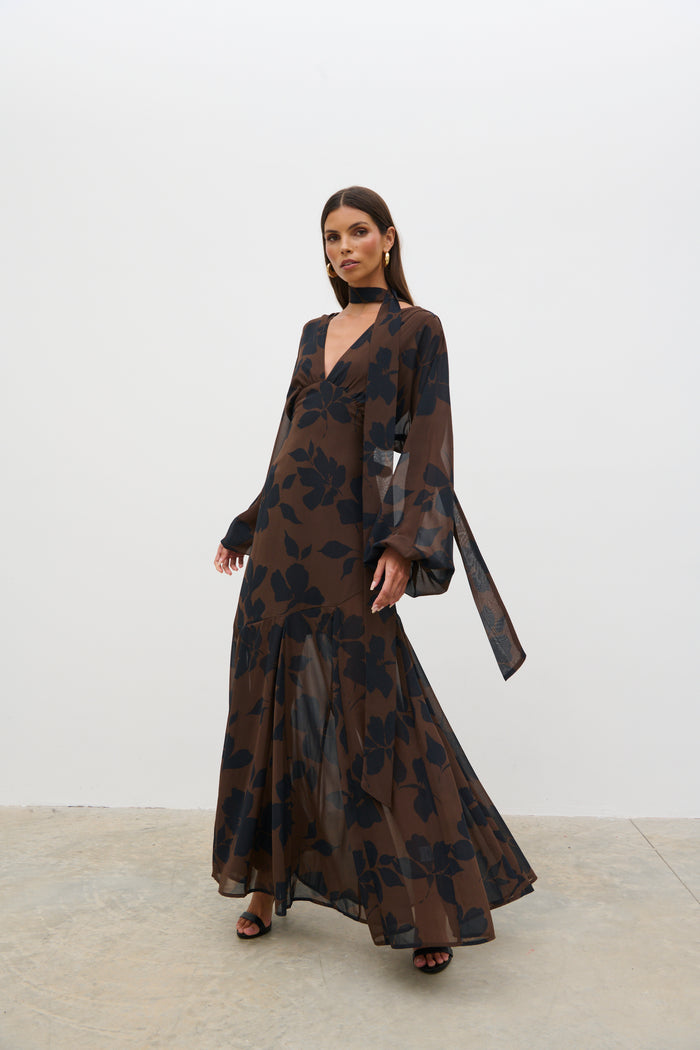 Petula Batwing Scarf Maxi Dress (Brown)