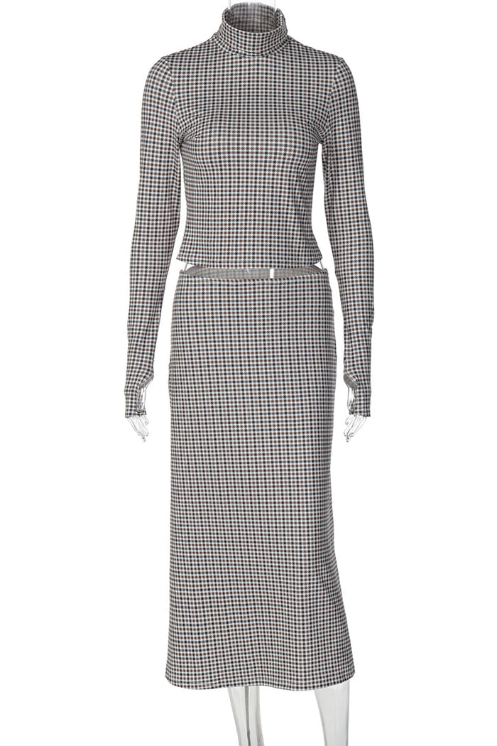Plaid Print High Neck Long Sleeve Crop Top Fitted Midi Skirt Set-Coffee