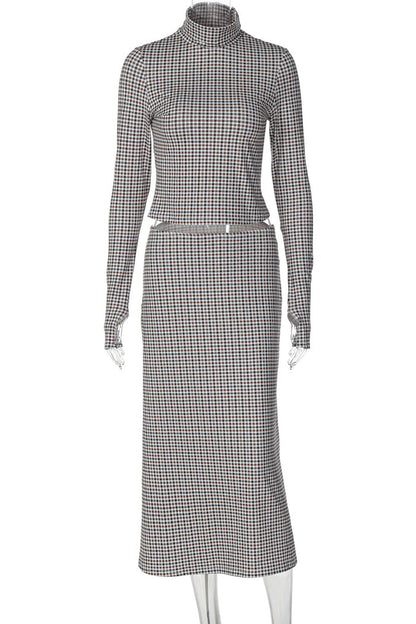 Plaid Print High Neck Long Sleeve Crop Top Fitted Midi Skirt Set-Coffee