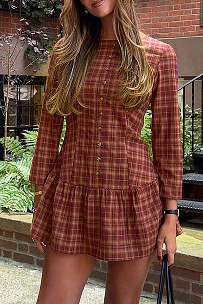 Plaid Print Round Neck Long Sleeve Button Up Cinch Waist Mini Dresses-Red