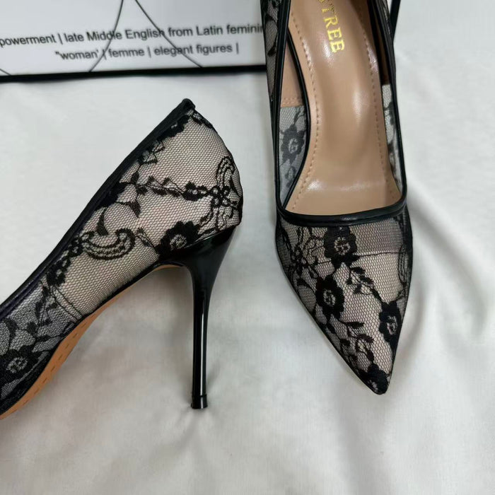 Pointed-Toe Mesh Cutout Lace Flats