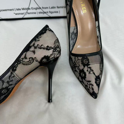 Pointed-Toe Mesh Cutout Lace Flats