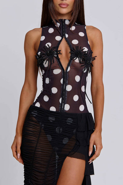 Polka Dot Sleeveless Bodysuit Ruched Mesh Skirt 2pcs Set-Black Pre Order