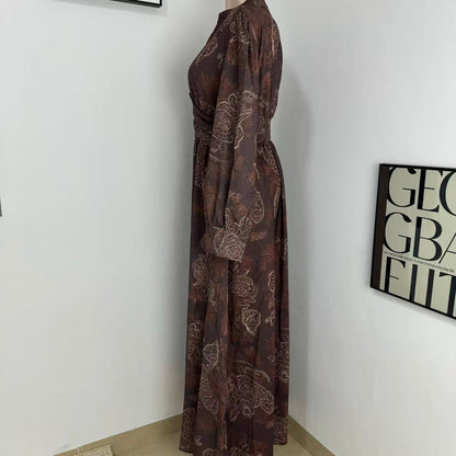 Printed V-Neck Maxi Dress with Puff Sleeves