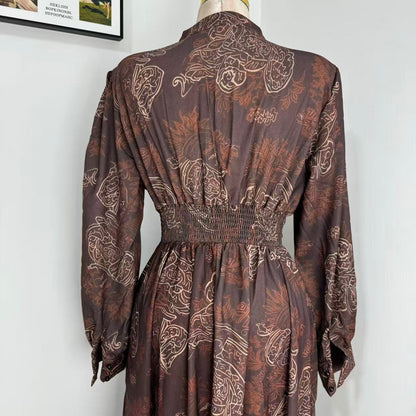 Printed V-Neck Maxi Dress with Puff Sleeves