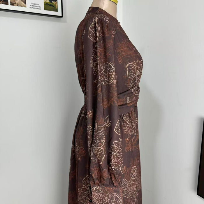 Printed V-Neck Maxi Dress with Puff Sleeves