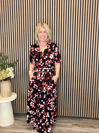 Puff Sleeve Jersey Maxi Dress (Red Spot)