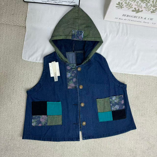 Retro Print Patchwork Denim Vest