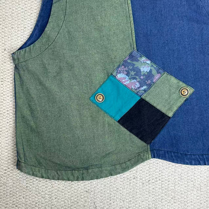 Retro Print Patchwork Denim Vest