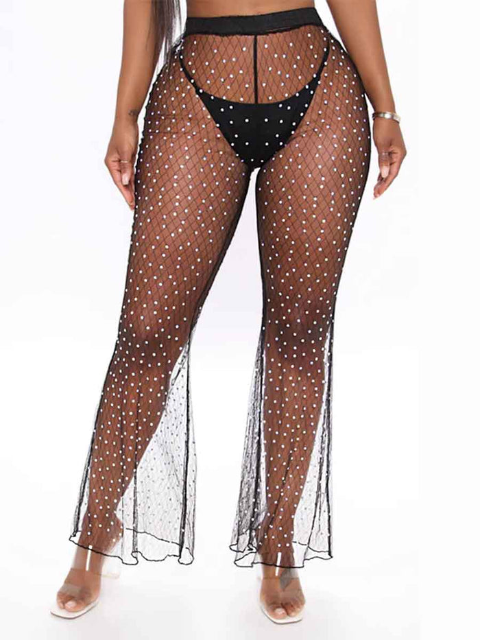 Rhinestone Mesh Cover Pants â€?Flare Crystal Pantsuit