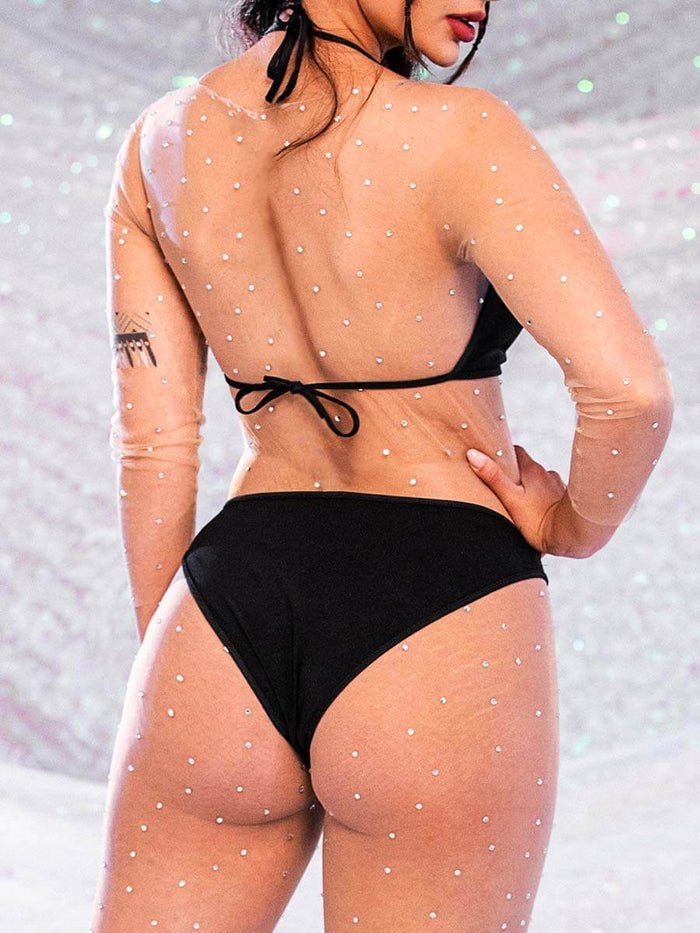 Rhinestone Nude Jumpsuit - Ultra-thin Crew Neck Jumpsuit