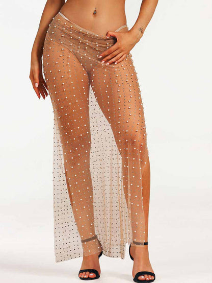 Rhinestone Pearl Sheer Straight Long Skirt