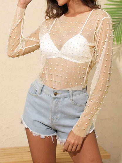 Round Neck Long Sleeve Pearl Mesh Sheer Rhinestone Shirt