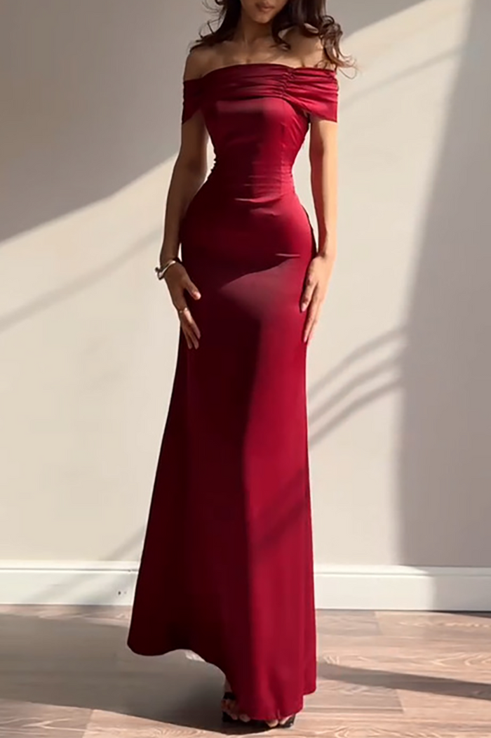 Ruched Off Shoulder Back Lace Up Cinch Waist Plain Gowns Maxi Dresses-Yellow