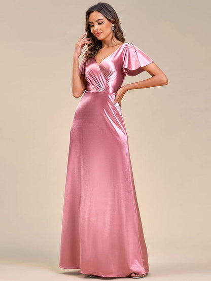 Ruffles Sleeve A-Line Pleated Satin Back V-Neck Evening Dress