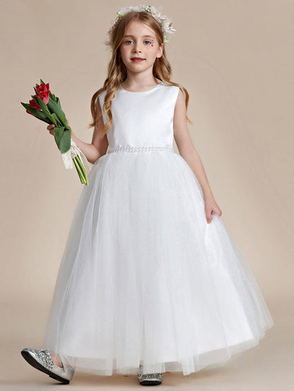 Satin Beaded Tulle Princess Flower Girl Dress With Back Bow