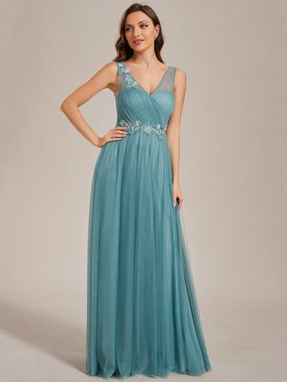 See-Through Shoulder Strap Flower Decoration Tulle Bridesmaid Dress